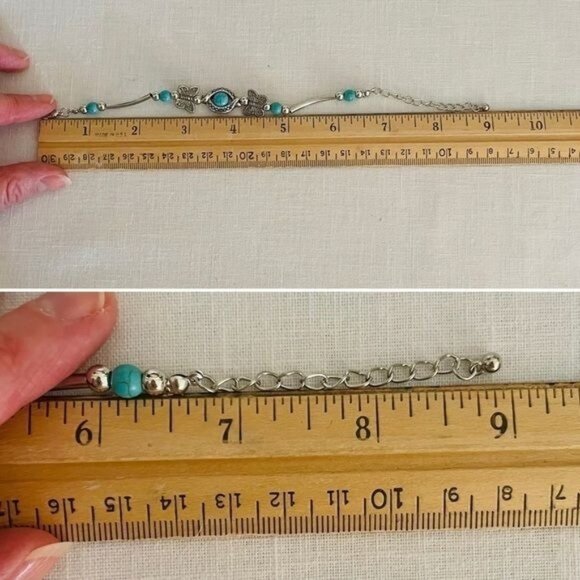 Butterfly Bracelet Turquoise Stone Beads and Silver Alloy Women Sz 6.5 to 9 in - Picture 7 of 9